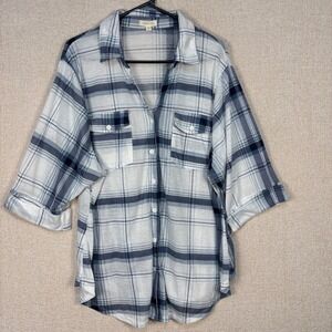 Paper + Tee Womens 3X Blue White Plaid Button Up Shirt 3/4 Sleeve Cuffed Top